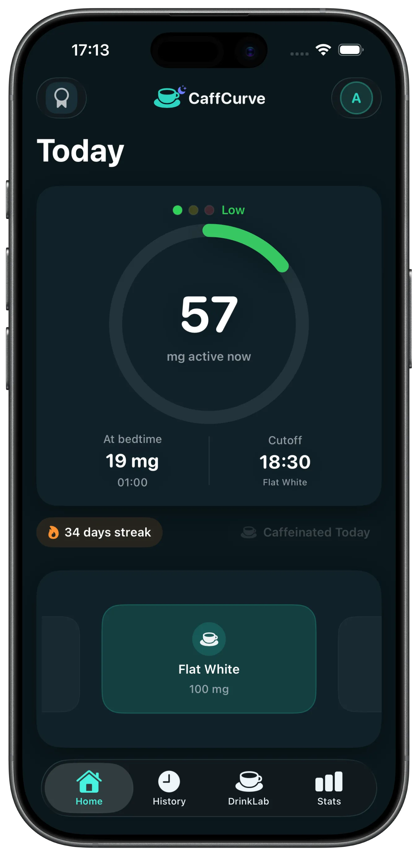 CaffCurve home screen in dark mode showing 57 mg of caffeine active now and a Flat White ready to log